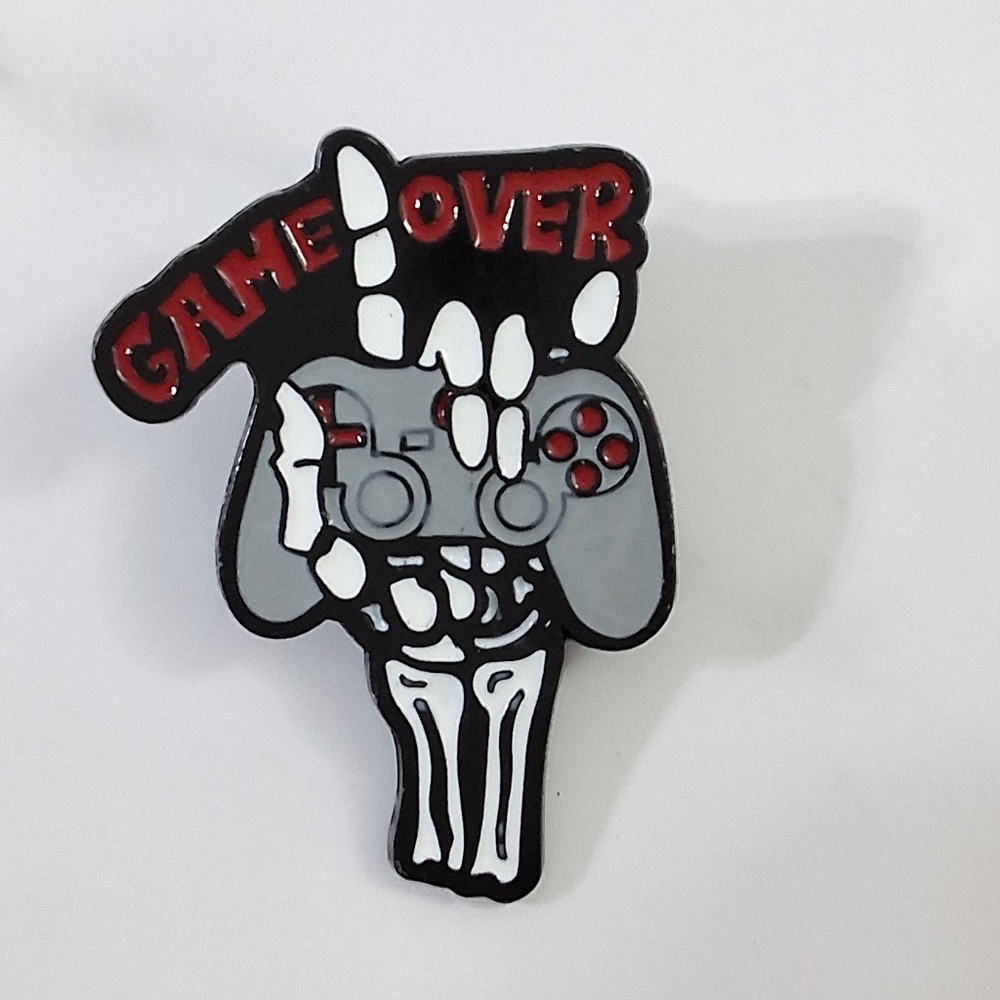 Game Over Gamer Skeleton Rocker Hands Enamel Pin, Brooch, NEW